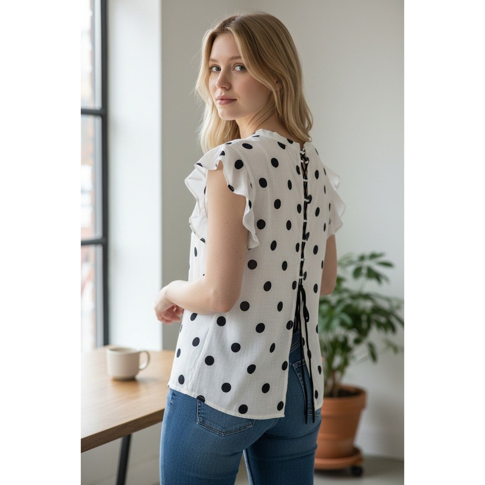 Alice Blue White Polka Dot Keyhole Top Ruffle Sleeve Lace-Up Back S